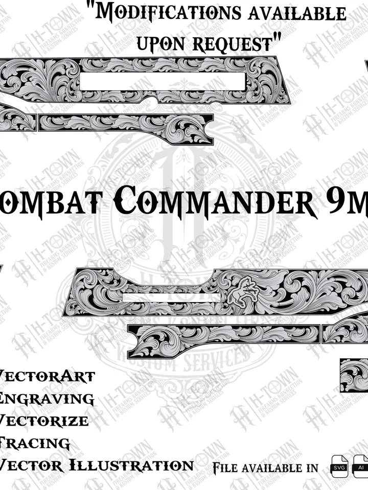Combat Commander 9mm Scroll Engraving | Full Slide Vector Design | Laser Ready Svg PNG EPS AI | Custom Pistol Art