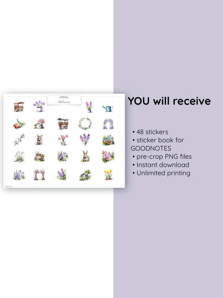 Spring Sticker pack for Digital Planners, Calendars, Postcards, Scrapbooks. Watercolor Spring-inspired sticker set