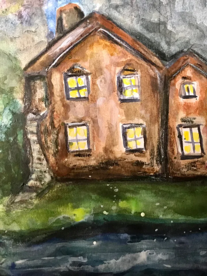 Mysterious House in the woods,original watercolour painting,forest painting,river,landscape painting,unique handmade painting,home decor