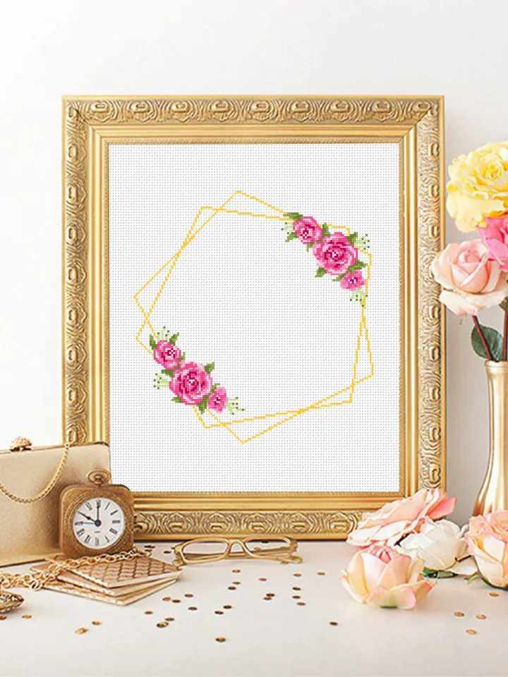 Flower frame cross stitch pattern PDF download Your text here, Roses wreath cross stitch chart, Pentagon frame pattern digital PDF #Y8