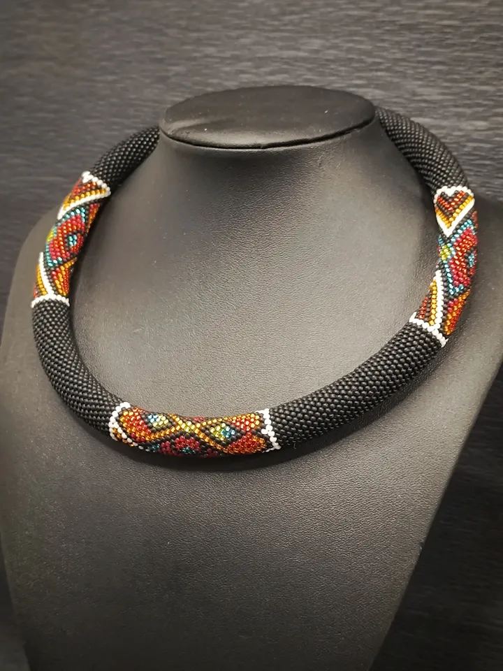 Black Ethnic Necklace for Women, Stylish Elegant Beaded Bib Necklace Handmade