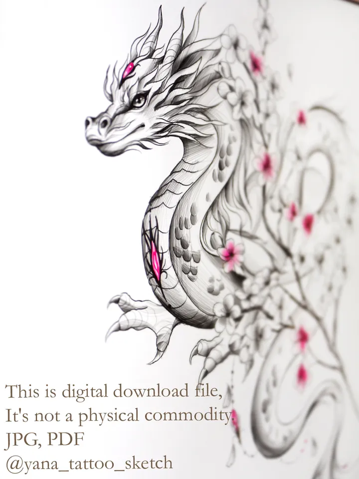 Dragon Tattoo Design Сherry Blossom Tattoo Idea Sketch Stencil, Instant download PDF, JPG