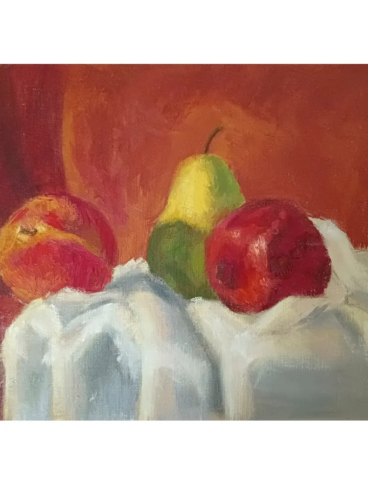 "Peach, pear and pomegranate" fruit oil painting still life original wall art picture small