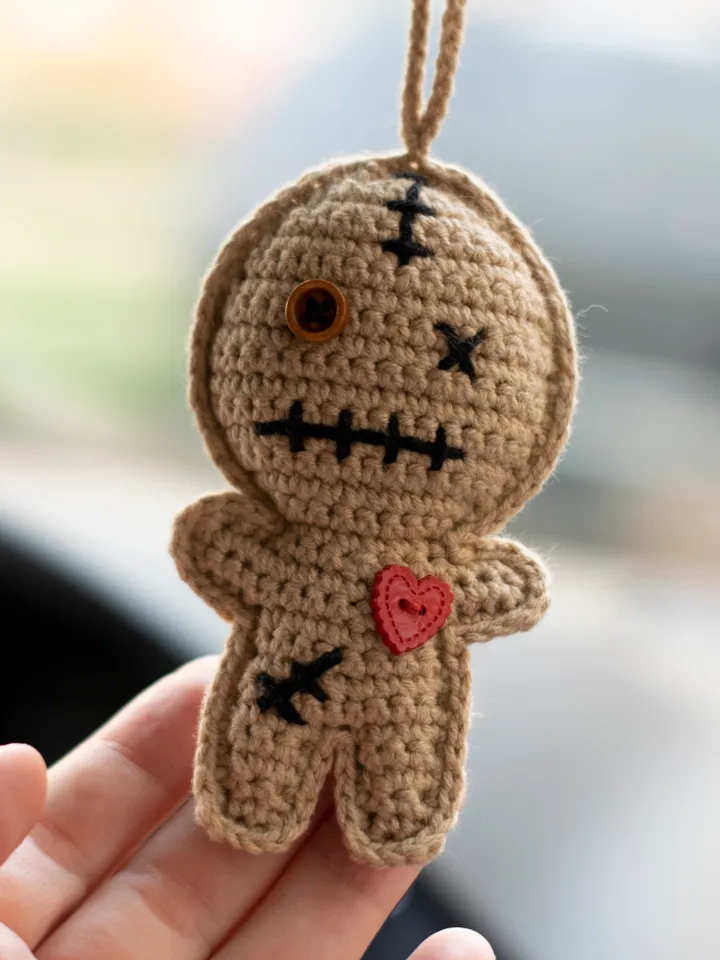 Voodoo Doll car hanging accessories, rear view mirror charm, creepy cute car pendant heart, crochet car decor for women