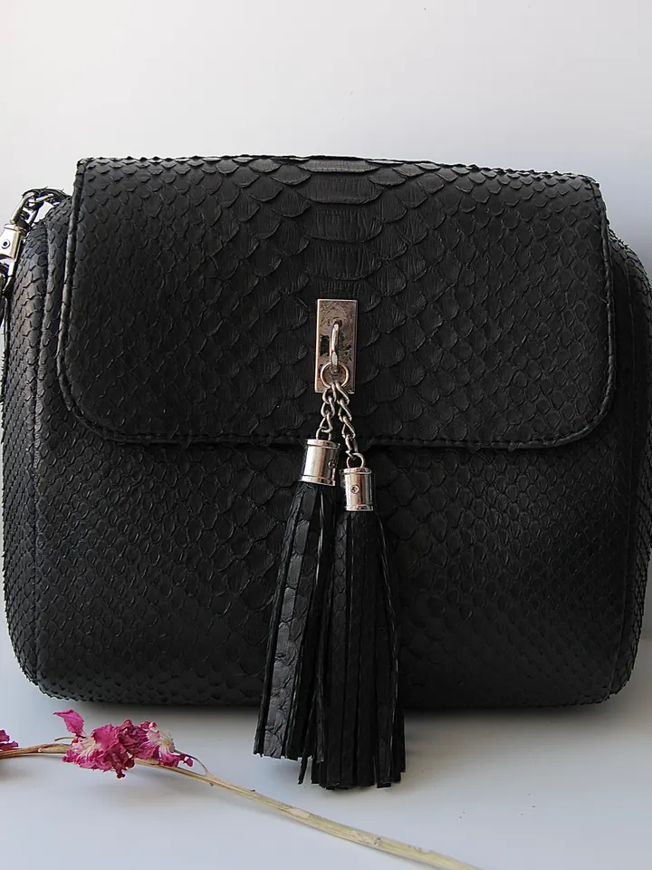 Genuine Python Skin Classy Crossbody Chain Bag Handmade | Tassel Bag Python Leather Detachable Chain Clutch Black Classy Elegant Purse Style