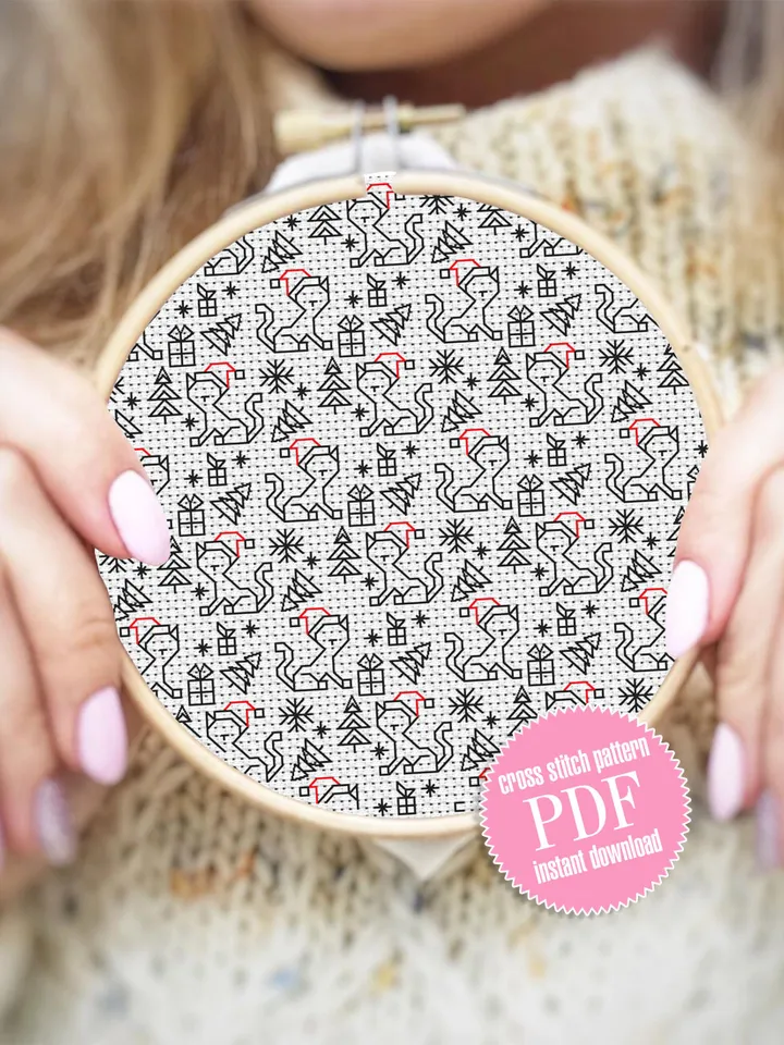 Cat geometric blackwork pattern PDF Easy Christmas seamless pattern, Backstitch repeating chart, Christmas ornament Digital download PDF #W1