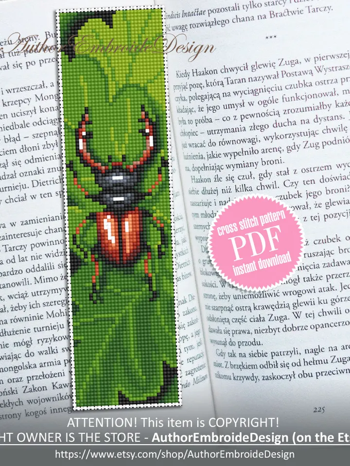 Stag beetle bookmark cross stitch pattern PDF download Bug cross stitch chart, Modern bookmark pattern digital PDF, Book lover gift #B284