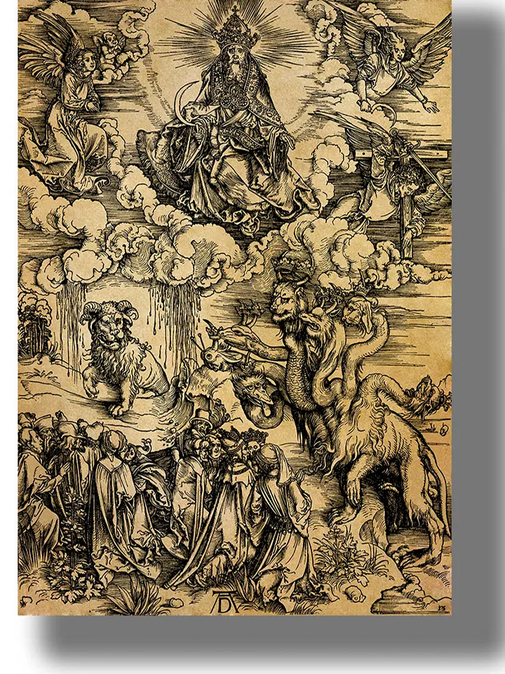 The Seven-Headed Beast and the Beast with Lamb's Horns. Albrecht Durer poster.
