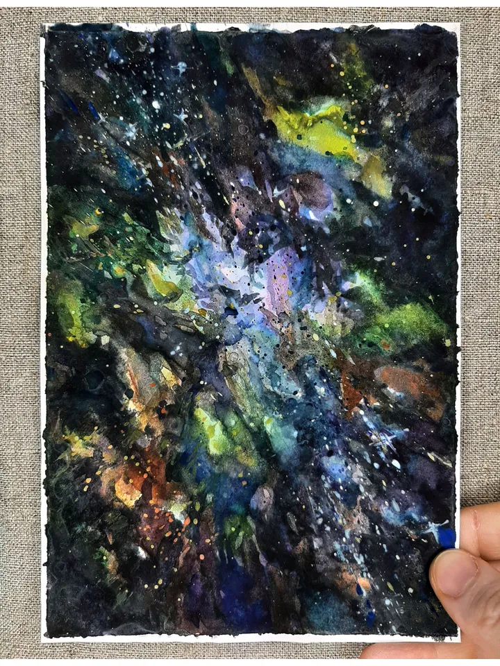 Outer Space Painting Galaxy ORIGINAL Watercolor Painting 8x5,5” Stellar Space Universe Small Art by artist Marina Chuchko