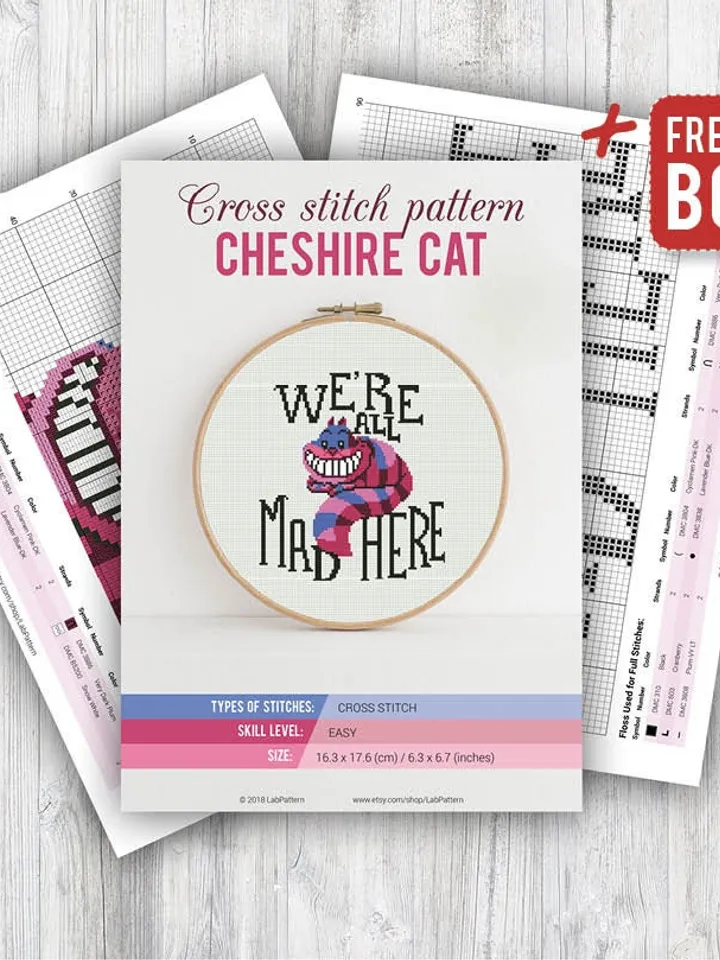 Cheshire Cat Cross stitch pattern Alice in Wonderland Cross stitch pattern Quote We’re all Mad Here PDF Format Instant Download Home decor