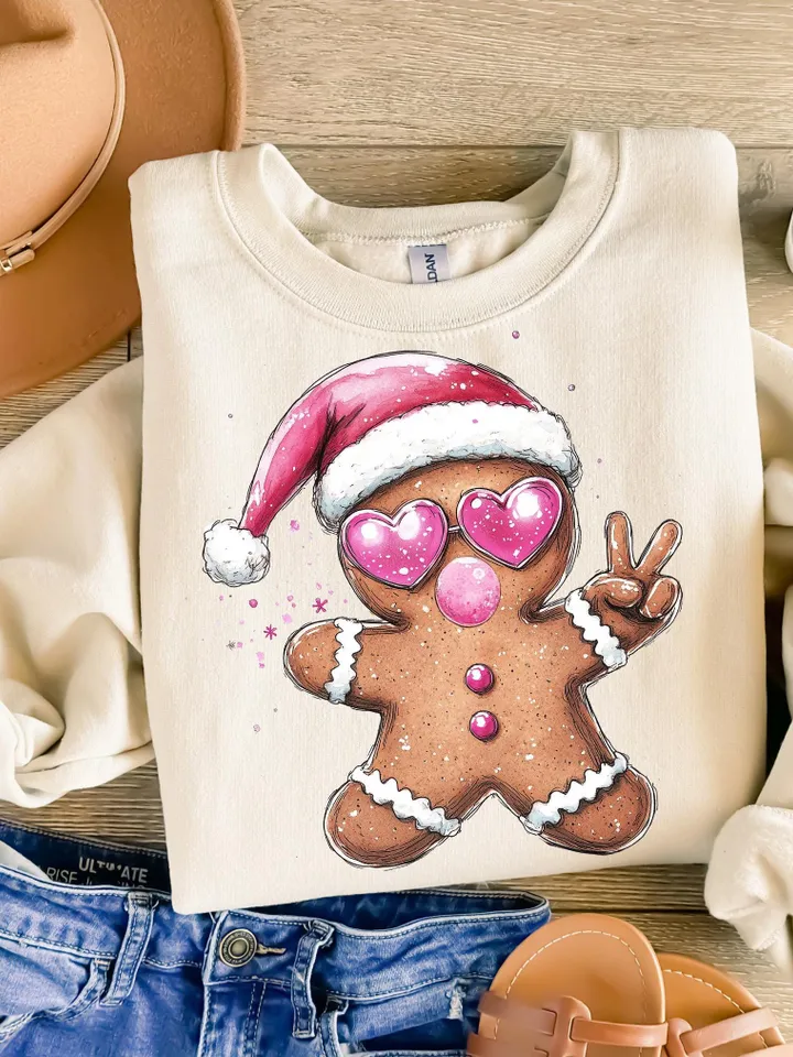 Retro Gingerbread Pink Christmas blowing bubble png Christmas Sublimation Digital Design Download,Vintage Christmas Png Santa Sunglasses