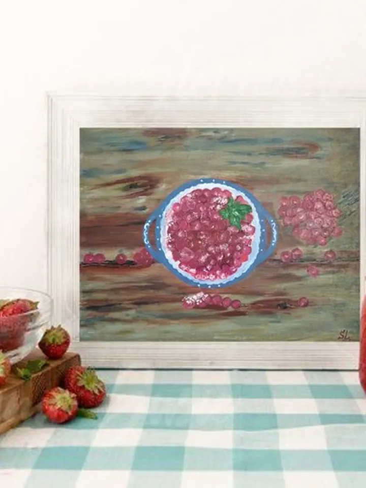 Still life with fruits, plate with cranberries in sugar on wooden table, painting for kitchen, canvas 18x14 inches