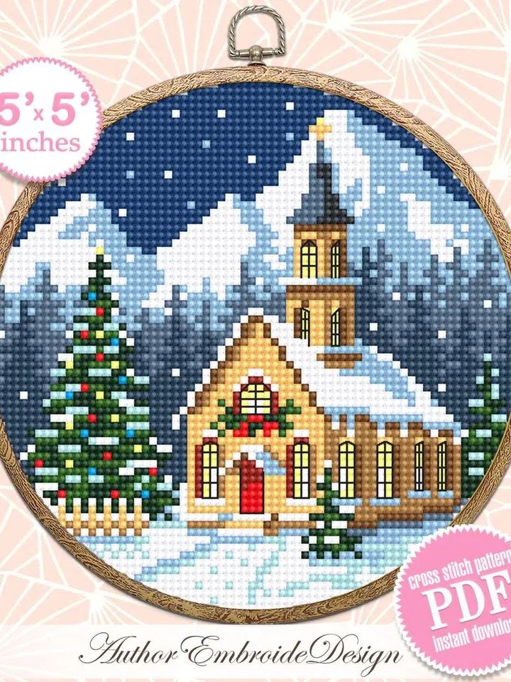 Christmas church cross stitch pattern PDF download Winter landscape cross stitch chart Christmas pattern digital PDF Christmas village #N179