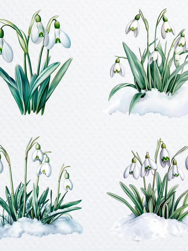 16 Snowdrops Bundle, Spring Flowers Printable Watercolor PNG Digital Clipart for sublimation, High Quality PNGs, Paper craft, junk journals
