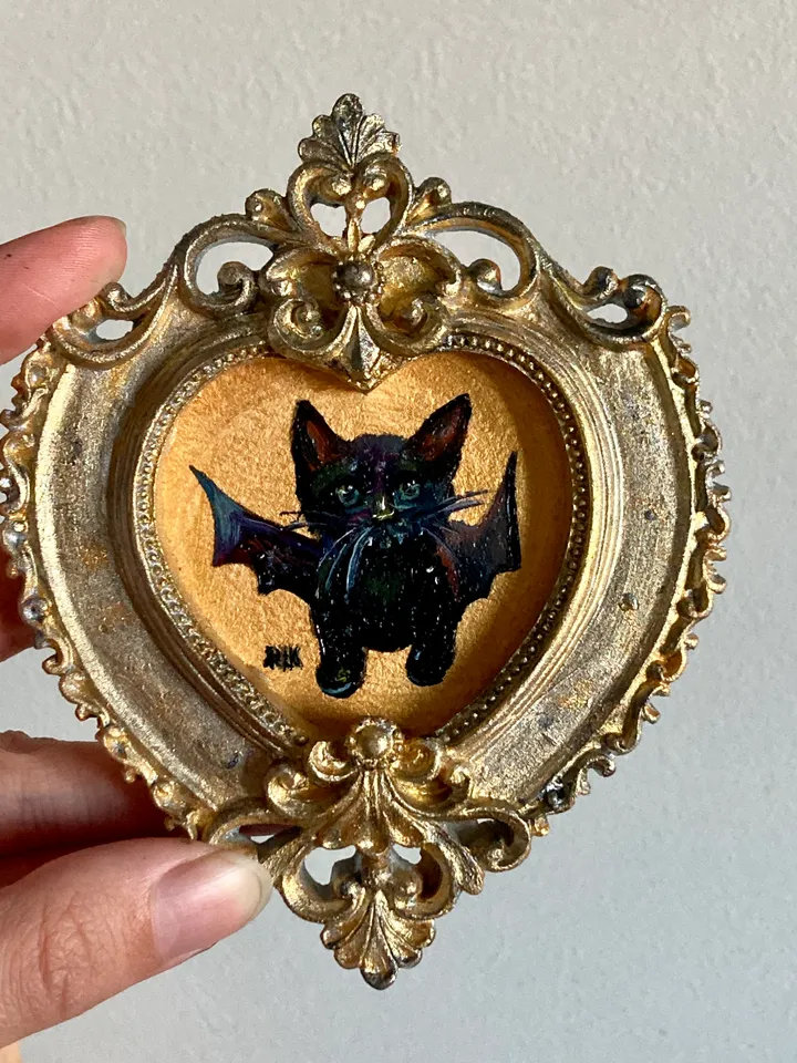 Bat Painting Small Framed Art Goth Painting Bat Gifts, Mini Gold Framed Decor, Cat Bat, Black Cat Art, Tiny Art Whimsigoth Decor