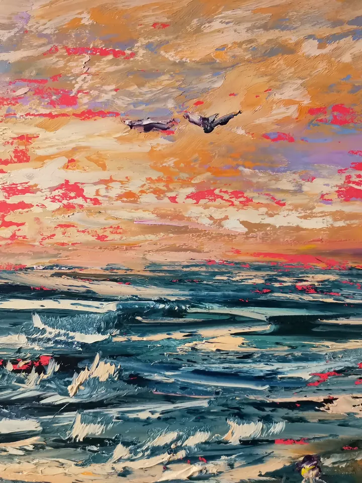 Sailboat Surfing Sea Sunset Seagulls Original Art Oil Painting Artist Svinar Oksana