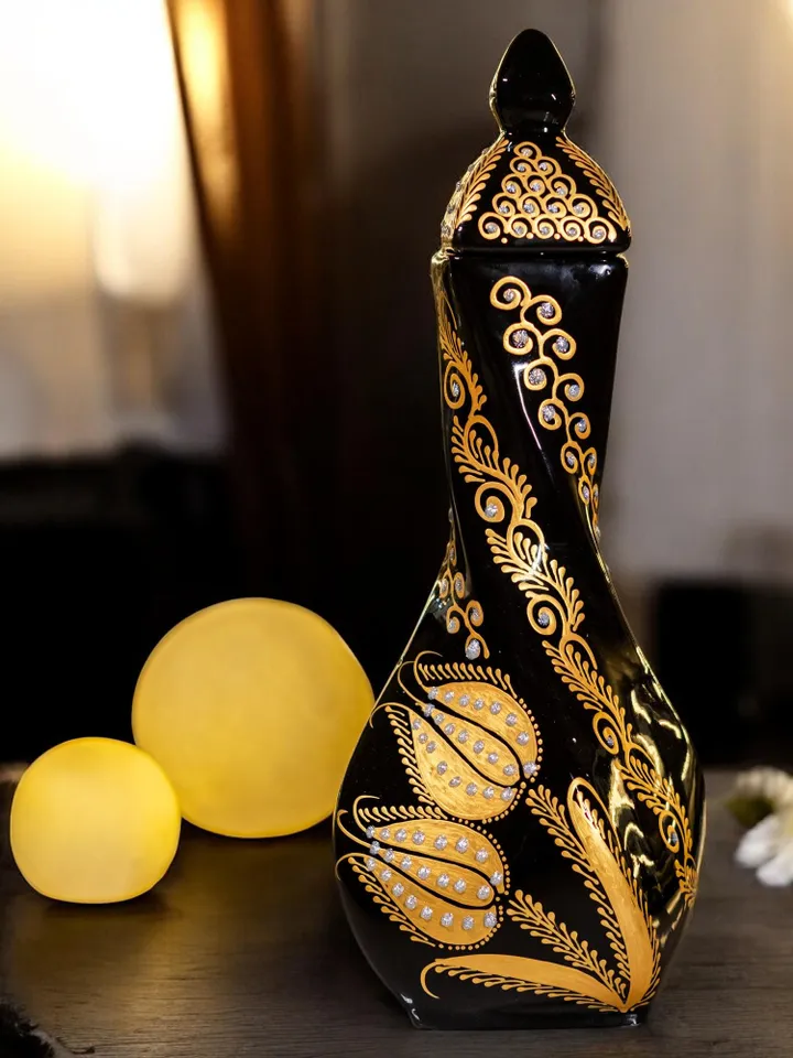 Handpainted Black and Gold Tall Vase For Flowers, 30 cm Handpainted Ceramic Vase, Home Decor, Ceramic Home Decor Plant Holder