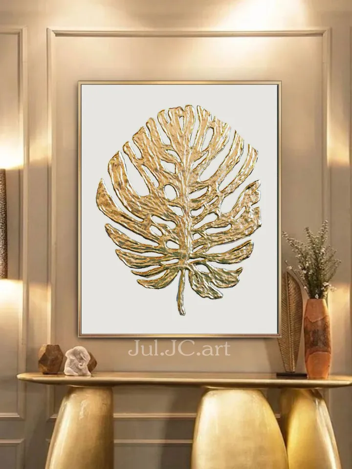 Golden Monstera Abstract Wall Art Floral Original Painting Textured artwork Gold Leaf Wall Art Modern wall decor