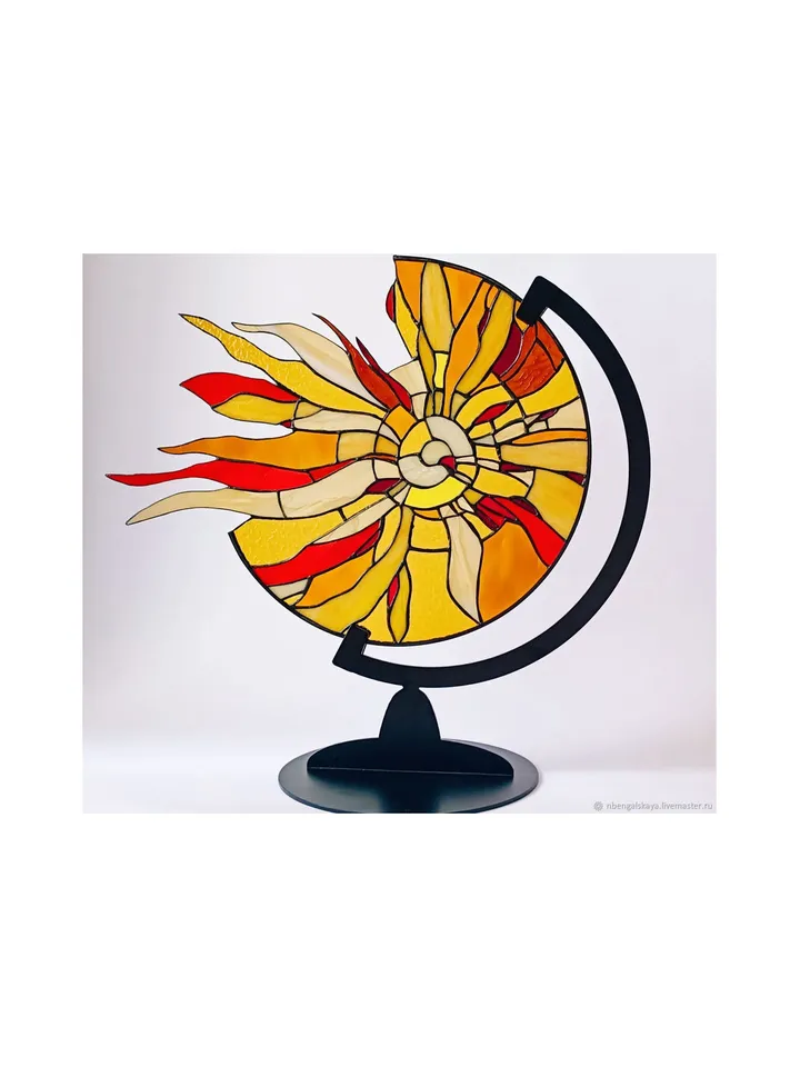 Sun. Tiffany-Style Stained Glass Panel on Iron Stand, Stained Glass with the Sun, Solar Stained Glass