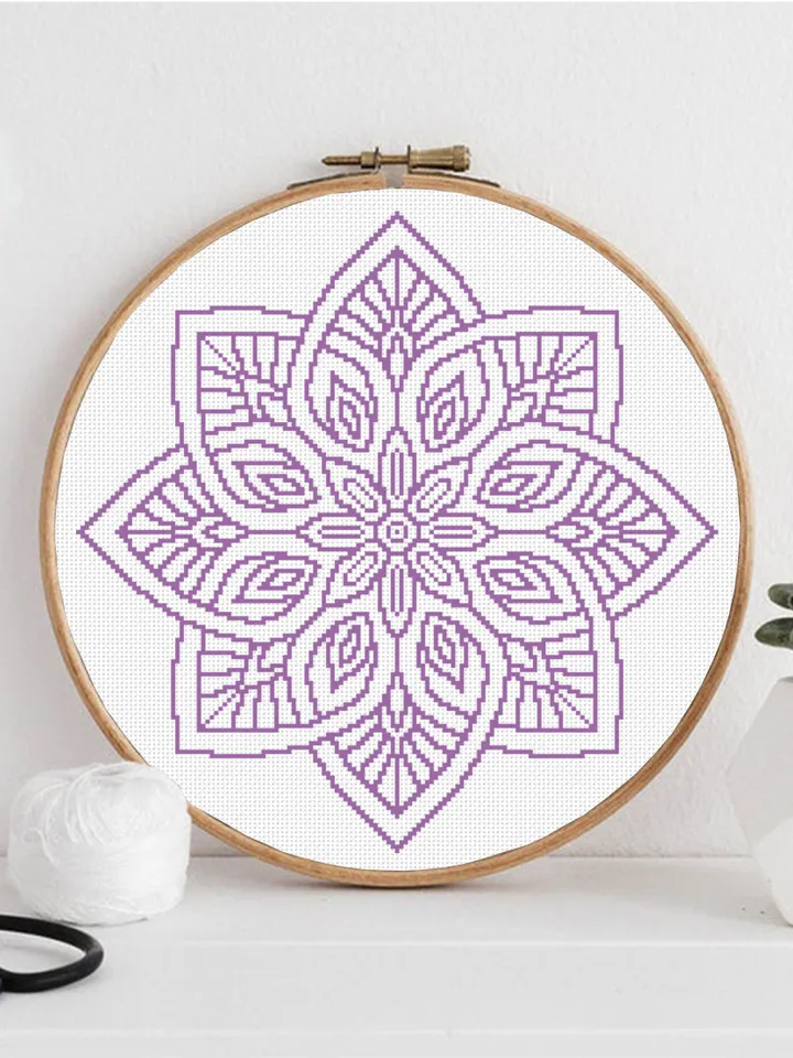 Mandala cross stitch pattern download PDF Floral ornament cross stitch chart, Monochrome cross stitch, Easy mandala ornament embroidery #M28