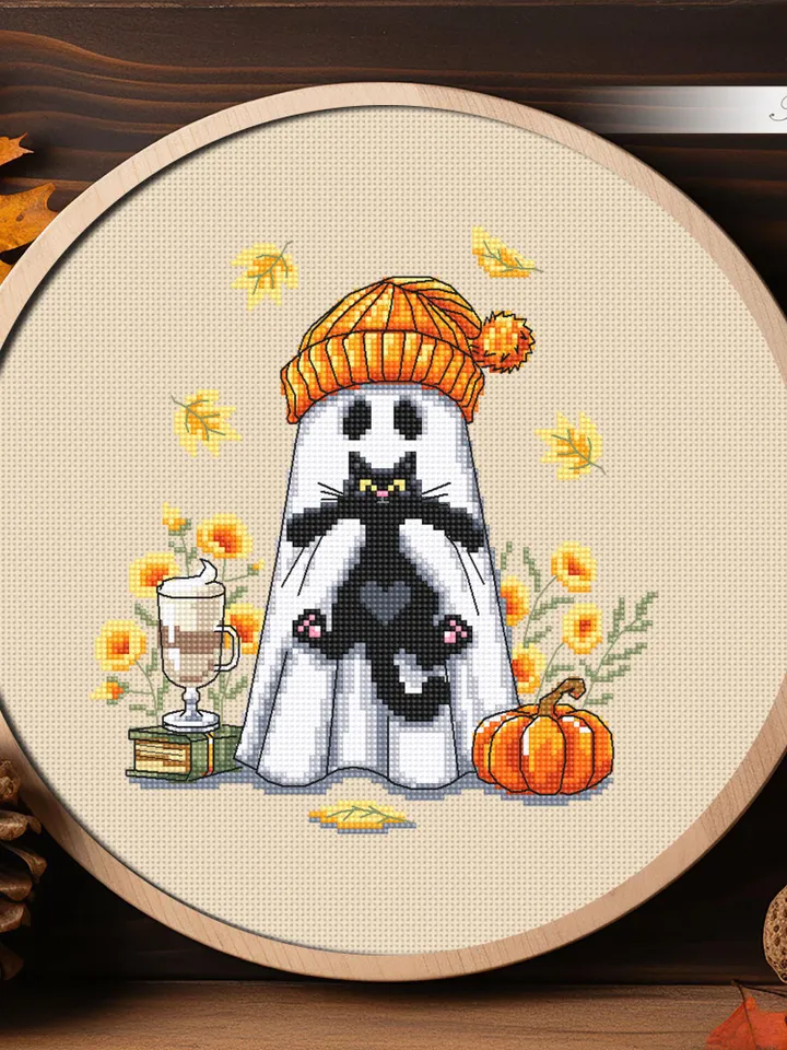 Cute ghost with black cat cross stitch pattern PDF download Set of 3 ghost cross stitch chart Halloween pattern digital PDF Fall leaves #H91