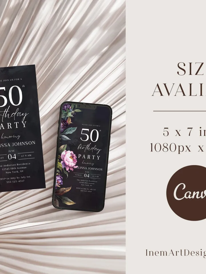 Modern 50th Birthday Canva Template – Moody Burgundy & Blush Peony Floral Invitation, Elegant Dark Background Birthday Party Invite