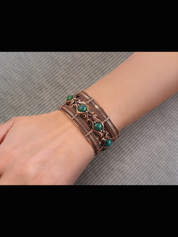 Copper wire wrapped bracelet with chrysocolla for lady Antique style WireWrapArt