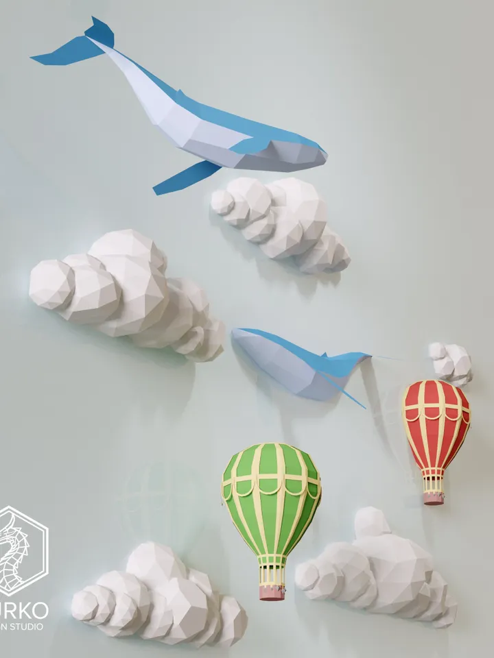 Papercraft Clouds With Whales And Hot Air Balloons, Digital Template, PDF Download, Gurko, 3D Low Poly, Pepakura, DIY Origami Sculpture