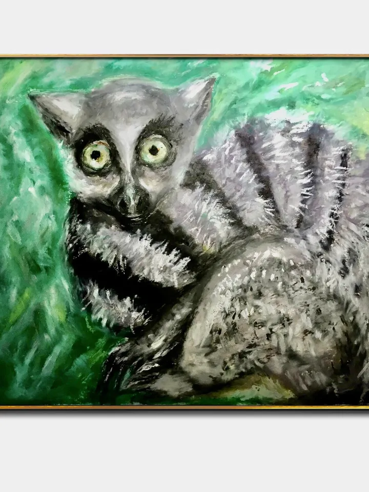 Lemur oil pastel painting,original animals painting,funny animals wall art,kids room decoration,lemur paintings gifts,affordable artwork.
