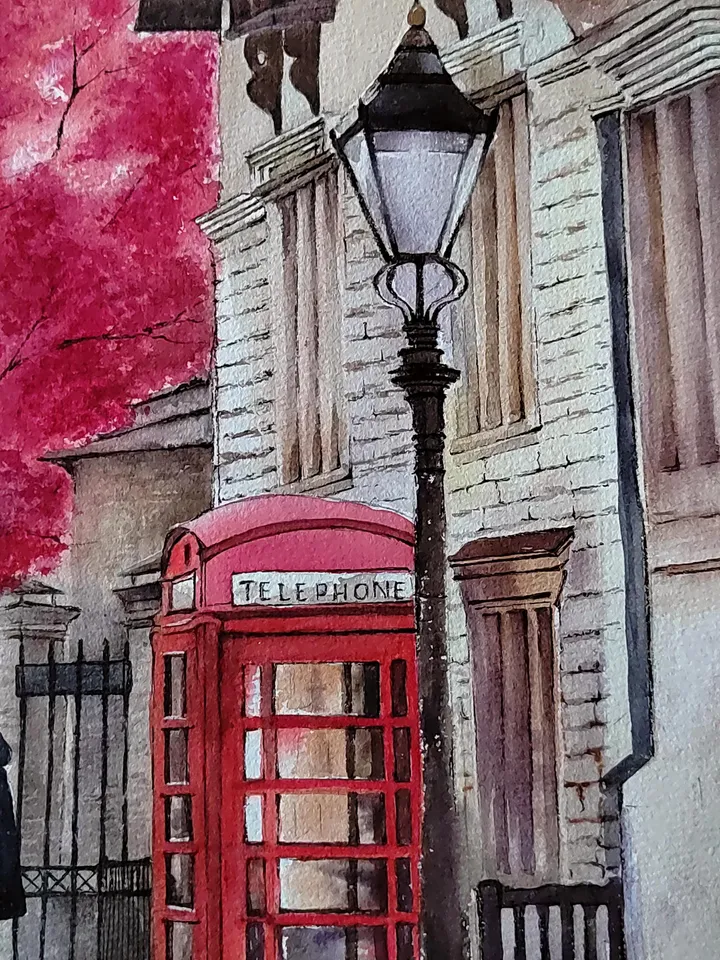 London Street Painting Urban Landscape Artwork Original Watercolor Painting Red Phone Booth Art 11.81x15.75 in by SoftWaves