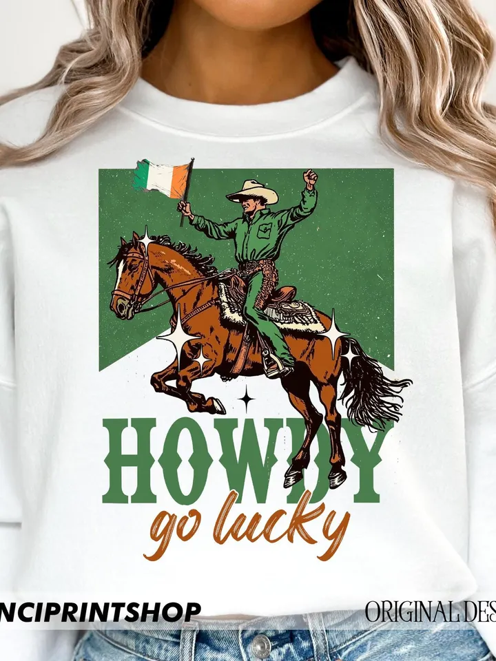 Howdy Go Lucky Png, Western St patricks day png, Retro st patricks png, St patrick png, Cowgirl St patricks png, irish day png, western png