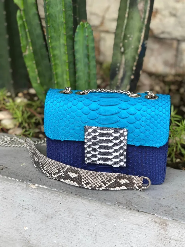 Small Blue Genuine Python Skin Crossbody Bag | Designer Leather Bag | Evening Chain bag | Exotic Leather Bag | Woman Evening Bag Light Blue
