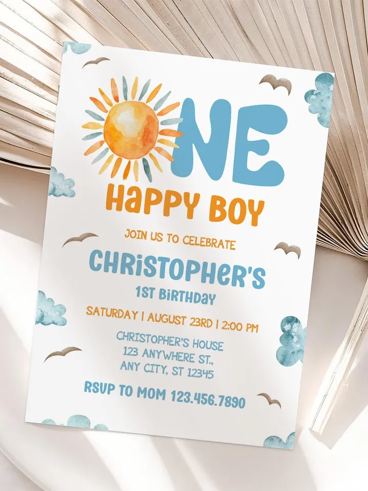 One Happy Boy Birthday Invite, First Birthday Evite, First Birthday Invitation, Phone Invite, 1st Birthday Invitation I120