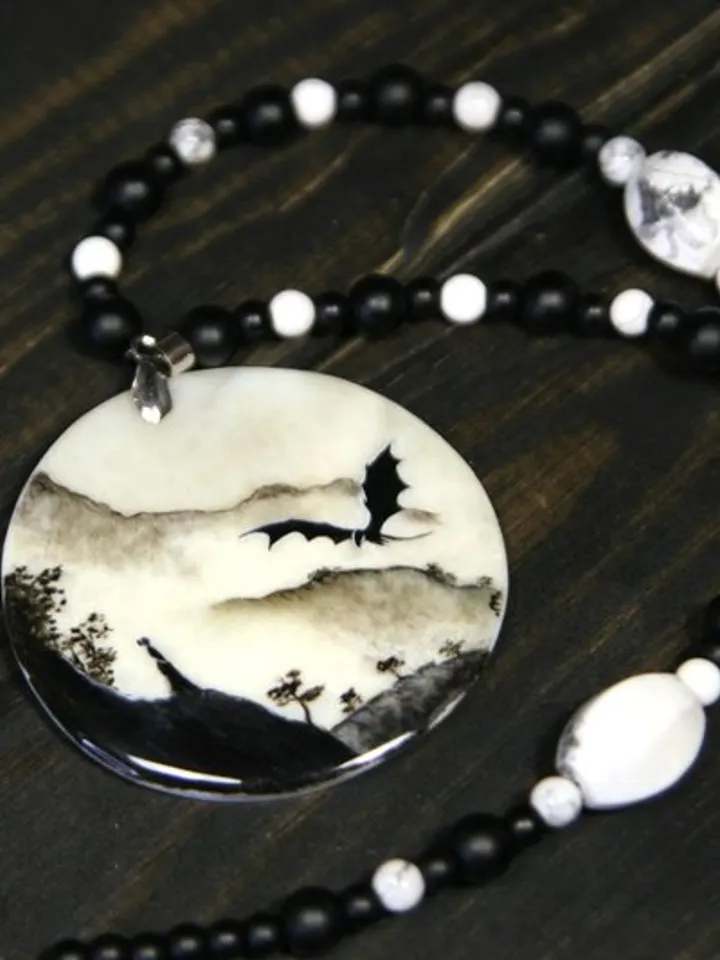 Dragon necklace. Miniature painting of dragon on mother of pearl pendant