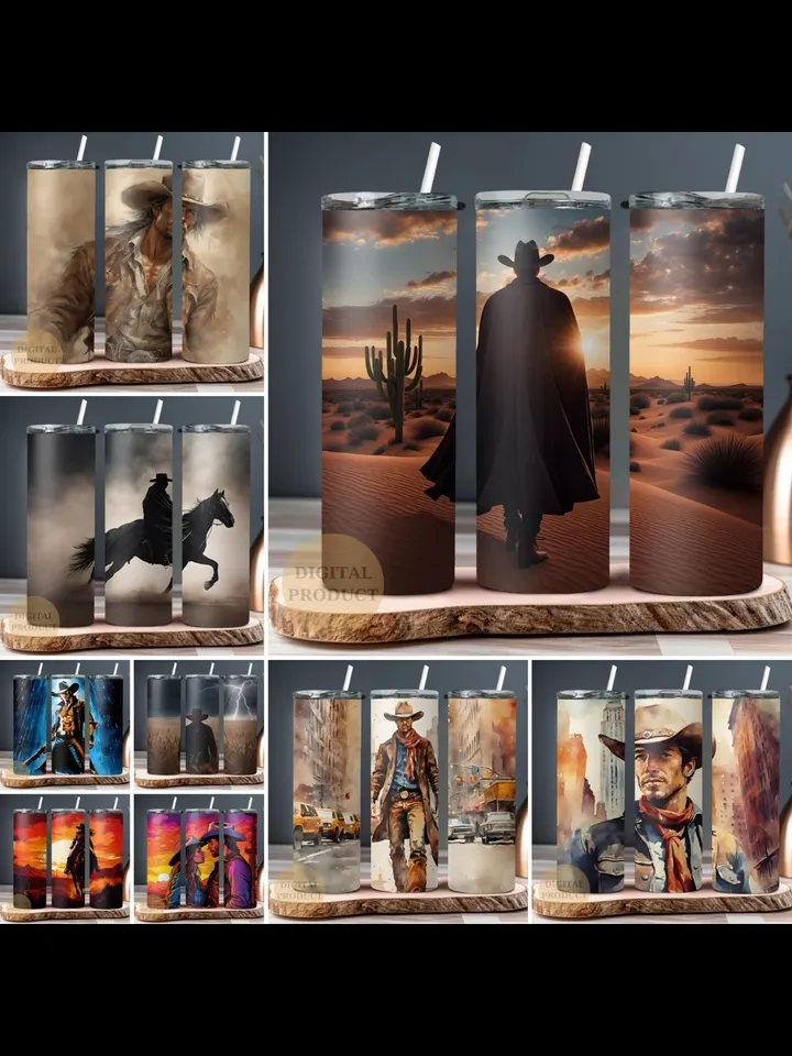 10 Western Cowboy 20 Oz Tumbler Wraps png Bundle, Cowboy and Cowgirl Bundle Sublimation Tumbler Designs png, Cowboy and Cowgirl on Horse