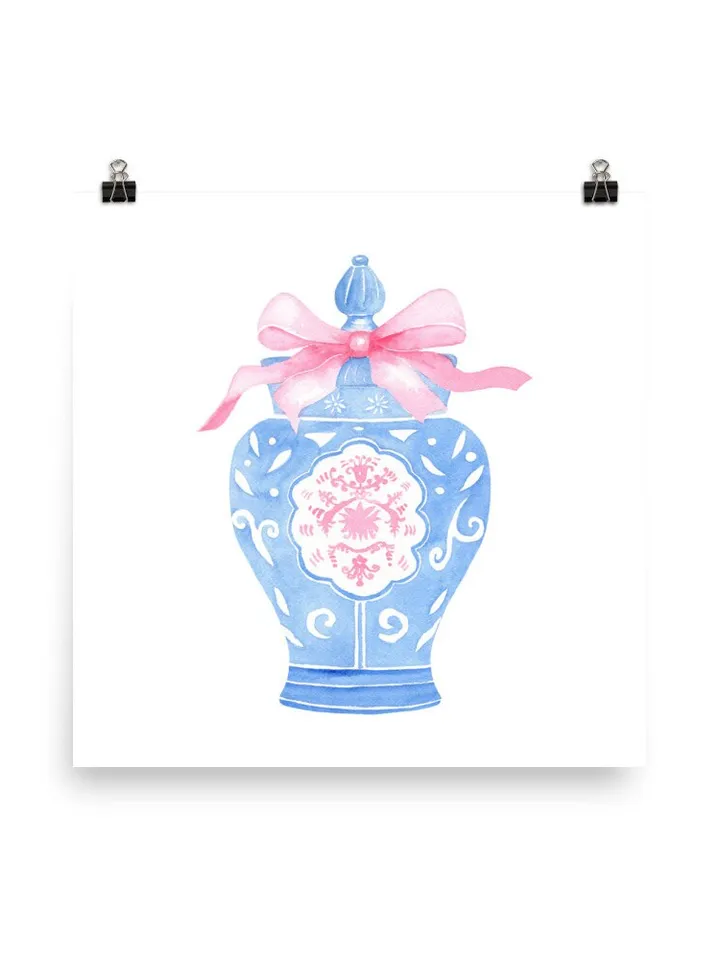 Blue Chinoiserie Vase,Digital Download, Set Of 2, Watercolor Painting With Pink Bow, Pink Ginger Jar, Blue And White Vase