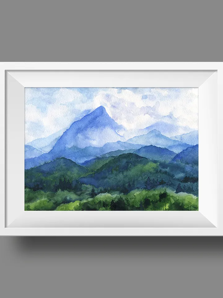 Watercolor poster with mountains, Watercolor digital file, Printable, Art poster, Blue-green landscape, Art print
