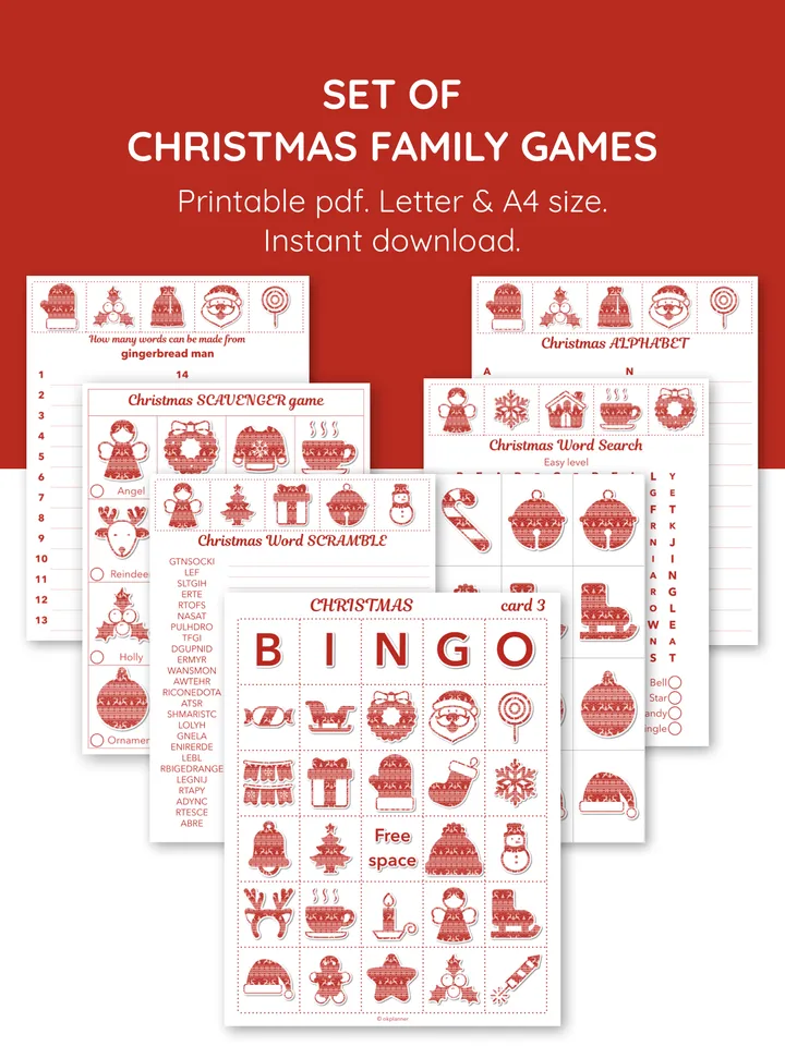 Set of Christmas family game. Family game night gift basket. Stocking stuffers. Festive word games. Word puzzles.