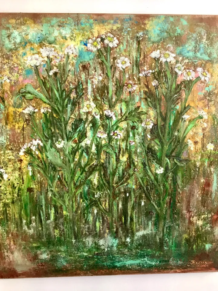 Chrysanthemums painting,Abstract chrysanthemums,fantasy forest of flowers,oil painting,mixed media background,stretched canvas