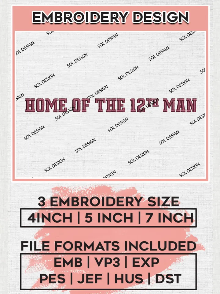 NCAA Home Of The 12th Man Team Logo Embroidery Design Files, NCAA Texas A&M Aggies Machine Embroidery, NCAA Teams, 3 sizes, NCAA Machine embroidery designs, Digital Download