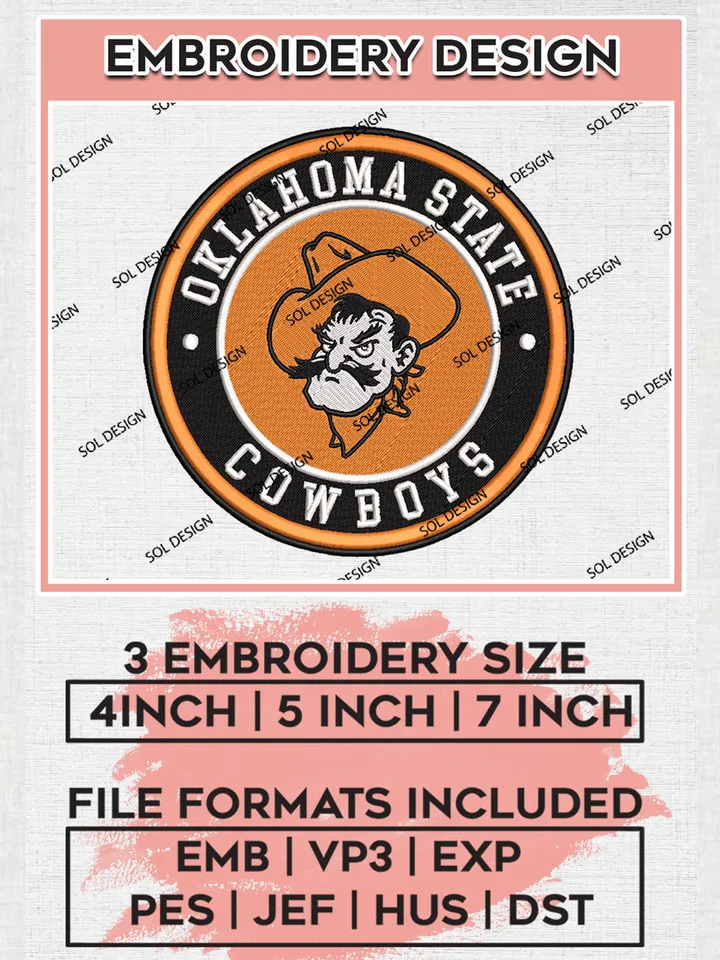 NCAA Oklahoma State Cowboys Round Logo Embroidery, NCAA Oklahoma State Logo Embroidery files, NCAA Teams, Machine embroidery designs, Digital Download