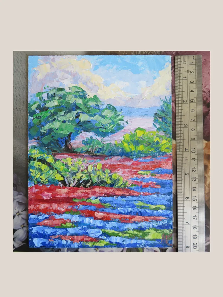 Original Mini Oil Painting Texas Landscape with Vibrant Blue and Red Flowers Artwork Colorful Texas Wildflowers in Scenic Landscape Home Decor
