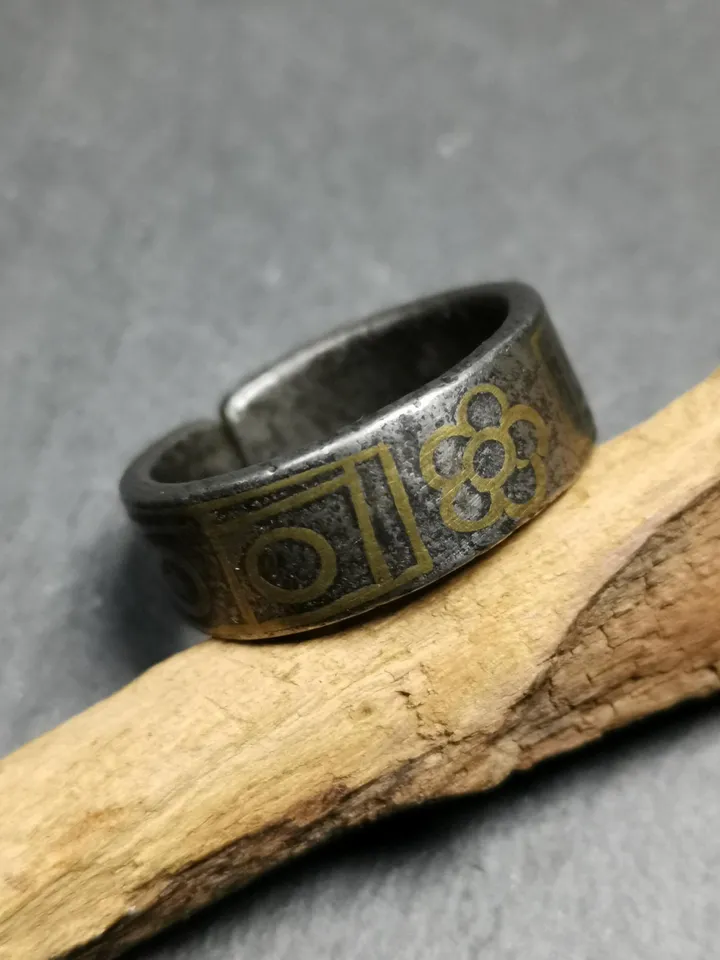 Gandhanra Unique Handcrafted Tibetan Dzi Ring | Protection Jewelry | Cold Iron & Copper Inlay | Adjustable Size | Tibetan Craftsmanship