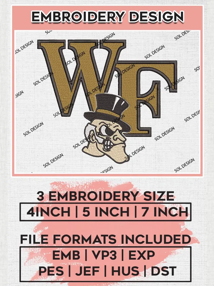 NCAA Wake Forest Demon Deacons Team Logo Machine Embroidery Design, NCAA Wake Forest Demon Team Design Design files, NCAA Team Embroidery Designs, NCAA Machine Embroidery Designs, Digital Download
