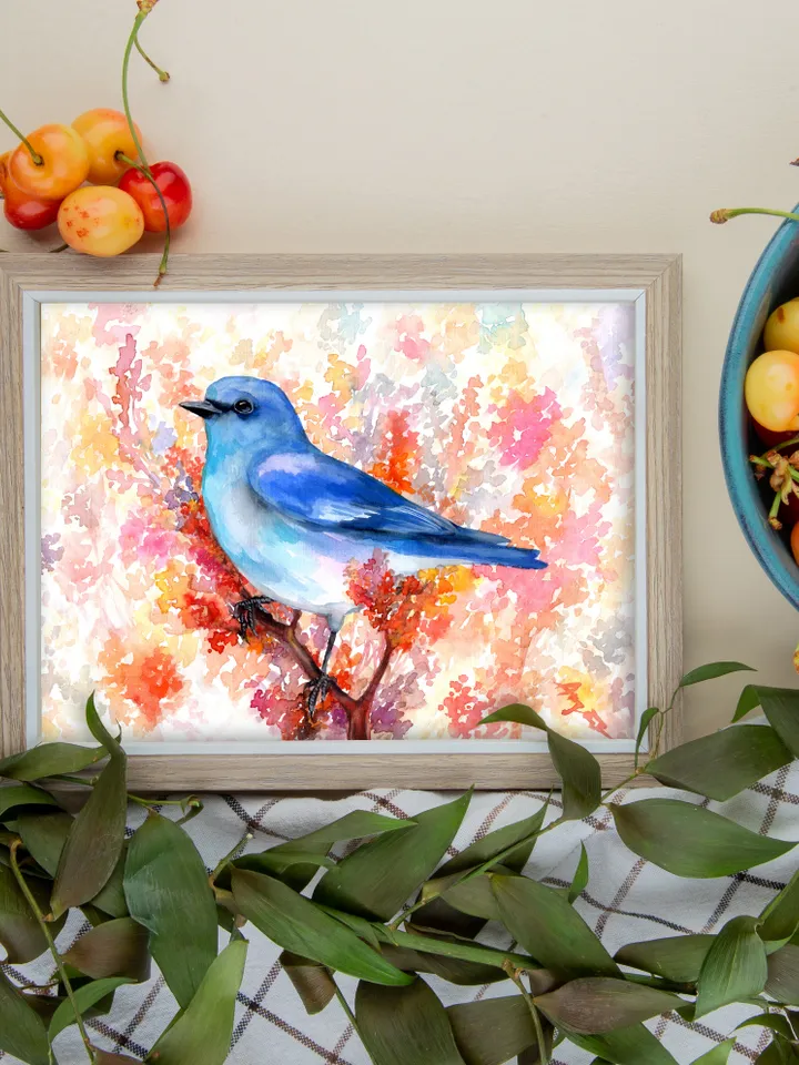 The Indigo Oatmeal Cardinal original watercolor, bird on the branch painting, blue bird portrait room decor, 8x11 in wall art for bird lovers handmade by Anne Gorywine