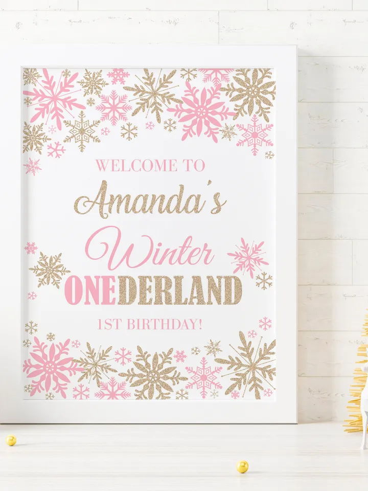 Winter Onederland Welcome Sign Pink Champagne Gold Winter Onederland 1st Birthday Girl Decorations, Snowflake Birthday, Editable Template