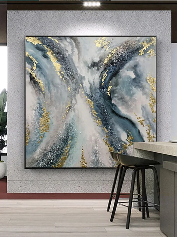 Large Gold leaf Abstract Painting,Original Blue Abstract Painting,Large Painting on Canvas,Large Abstract Art,Office Wall Decor,Wall Art