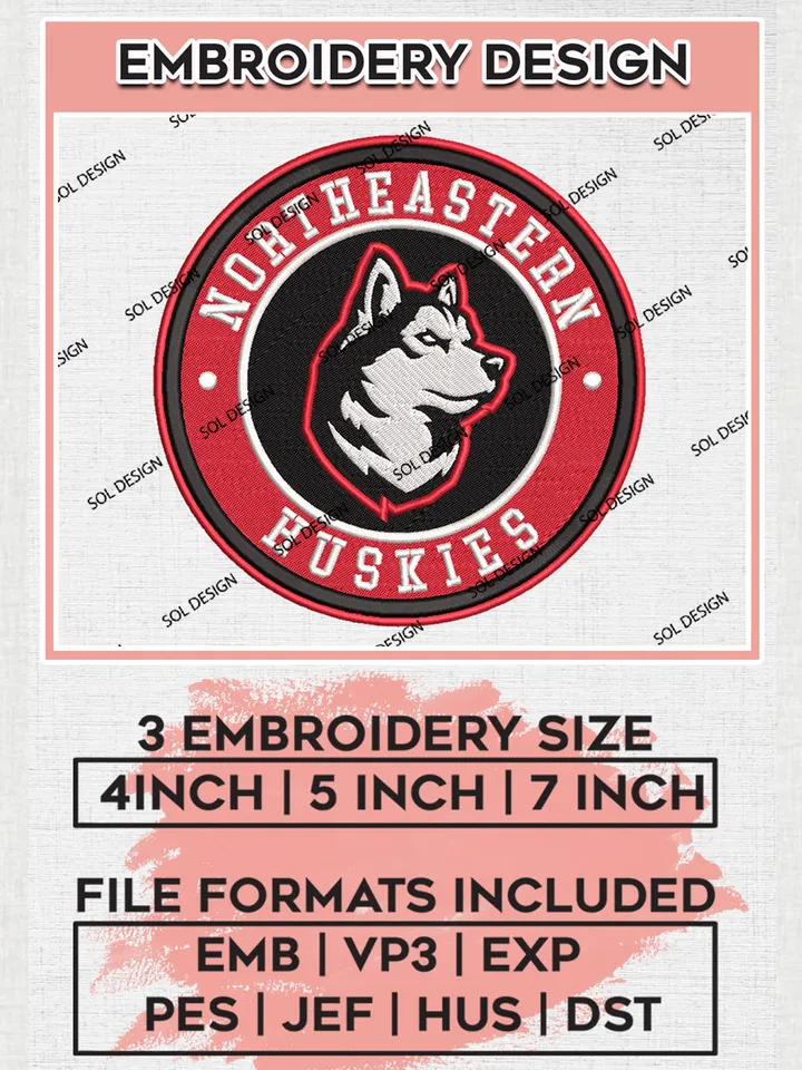 NCAA Northeastern Huskies Round Logo Embroidery, NCAA Northeastern Huskies Logo Embroidery files, NCAA Teams, Machine embroidery designs, Digital Download