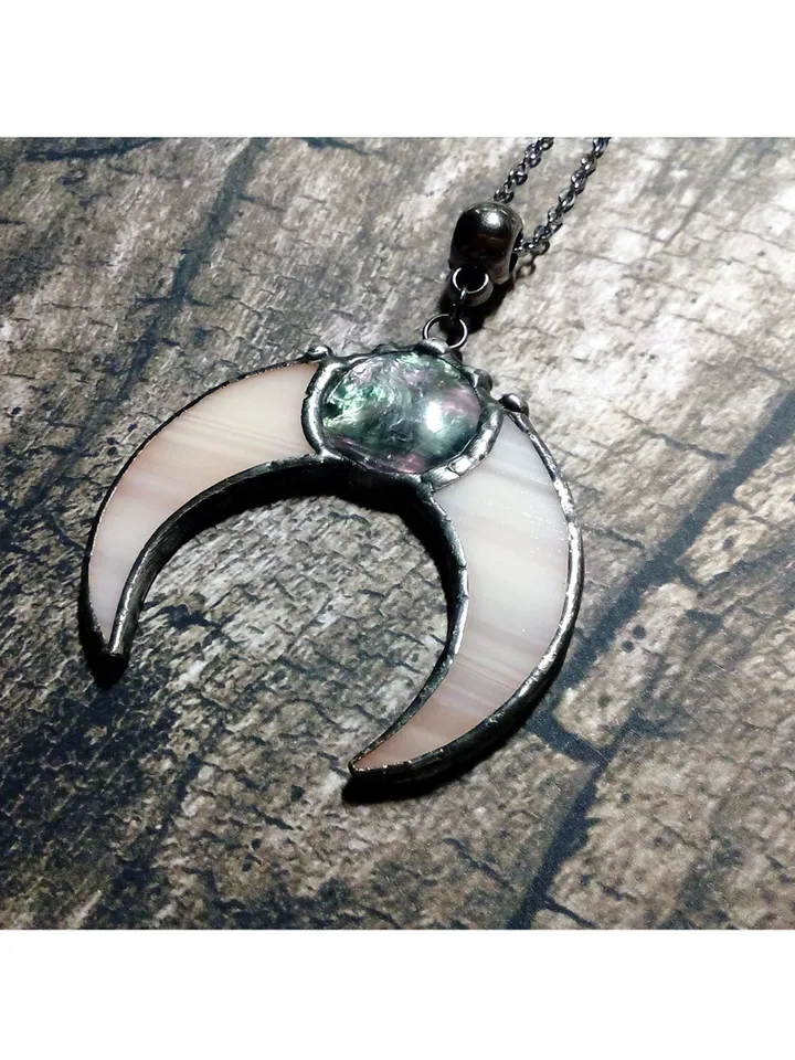 Stained glass moon, Moon crescent, witchy aesthetic, Moon phase necklace, Stainglass crescent