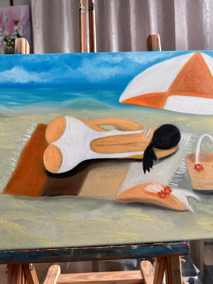 Oil Painting Woman on the Beach Figurative art Women Female Portrait People Seascape Leisure and Travel Stretched Canvas 30 x 40 cm 12 x16 inches Impressionism Modern Art Wall Decor